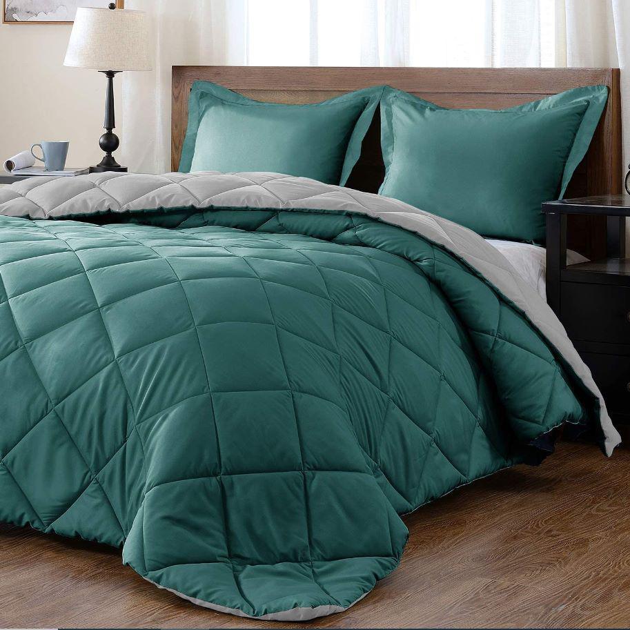 300gsm 5-Piece Monochrome Reversible Comforter Set - 240 X 240 - Olive Green & Pebble
