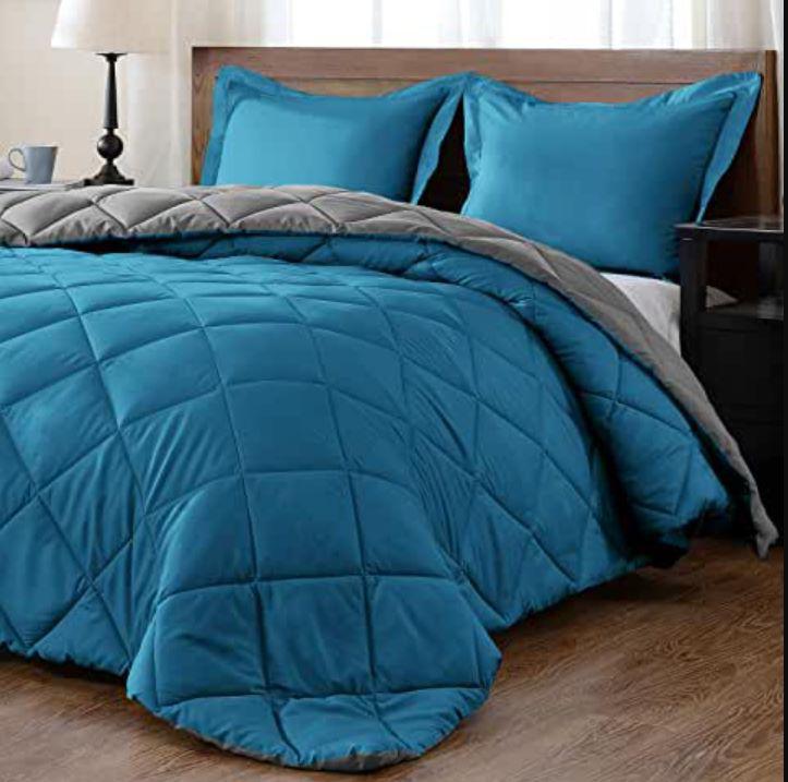 300gsm 5-Piece Monochrome Reversible Comforter Set - 240 X 240 - Smoke Blue & Pebble